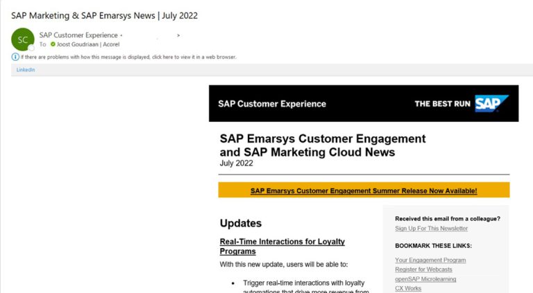 example of the latest newsletter on sap emarsys customer engagement & sap marketing cloud